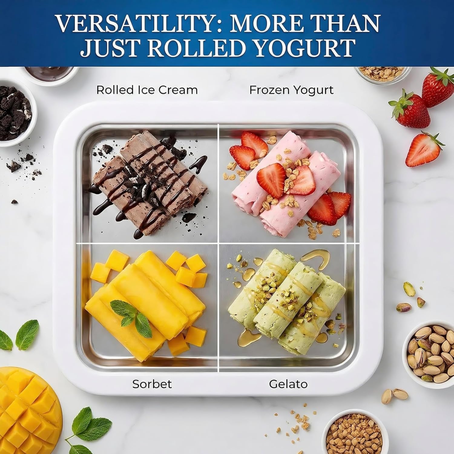 At-Home Rolled Ice Cream Maker - Magic Instant Freeze Pan for DIY Soft Serve & Frozen Yogurt. Easy-To-Use Ice Cream Rolling Tray with Spatulas. Ideal Summer Gift & Kitchen Activity for Kids (White)