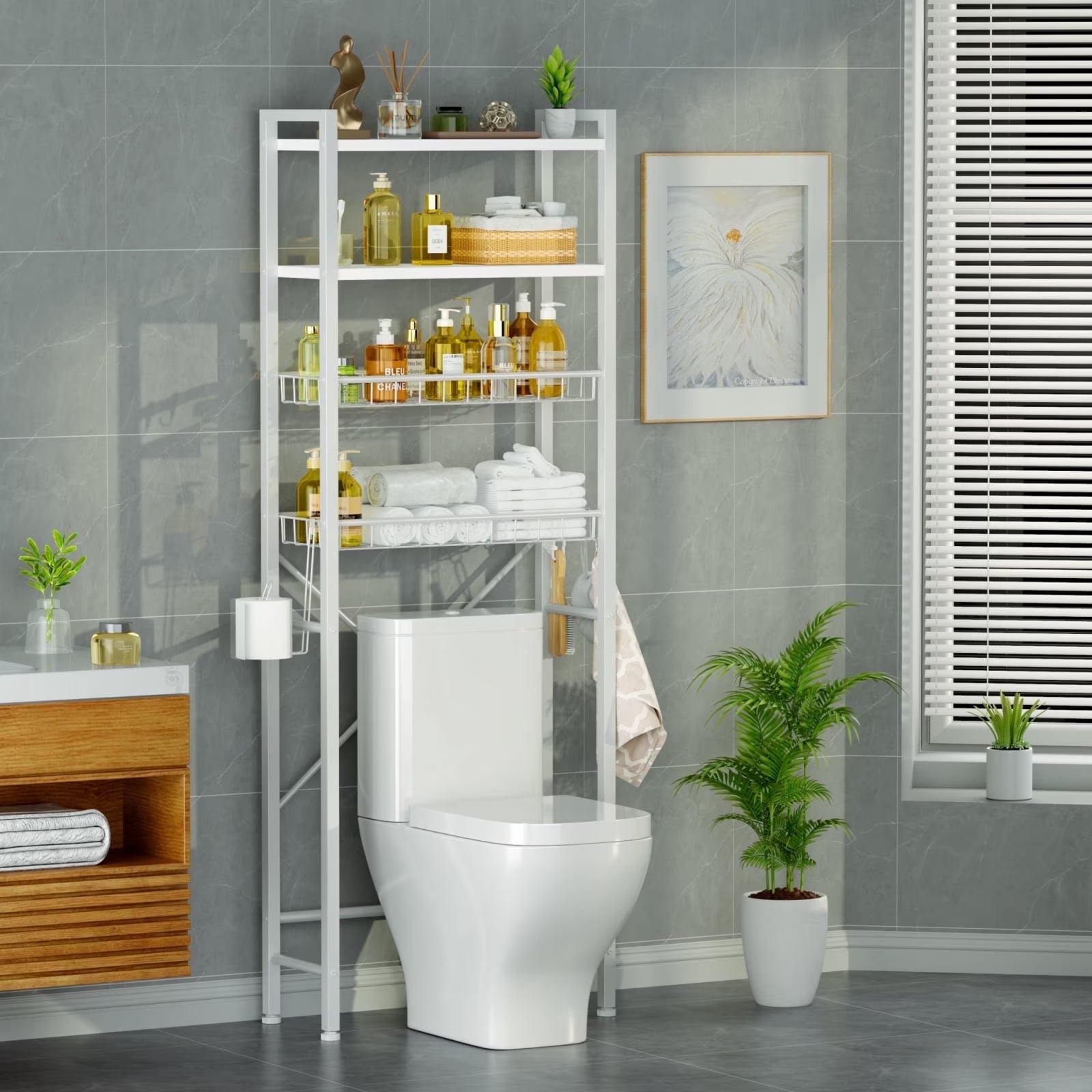 Capri 4-Tier Over-The-Toilet Storage Shelf, Bathroom Organizer Shelf over Toilet, Freestanding Space Saver Rack with Adjustable Shelf and Basket, Rustic Brown