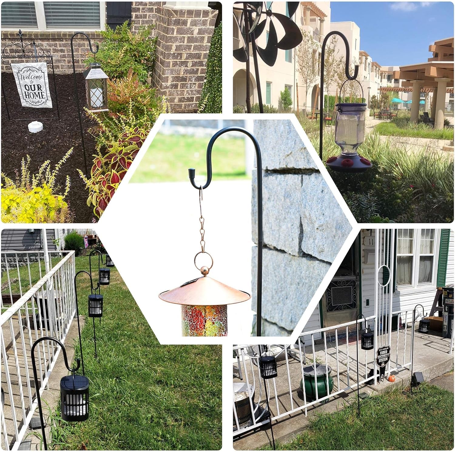 Adjustable shepherd hook holding a hanging planter