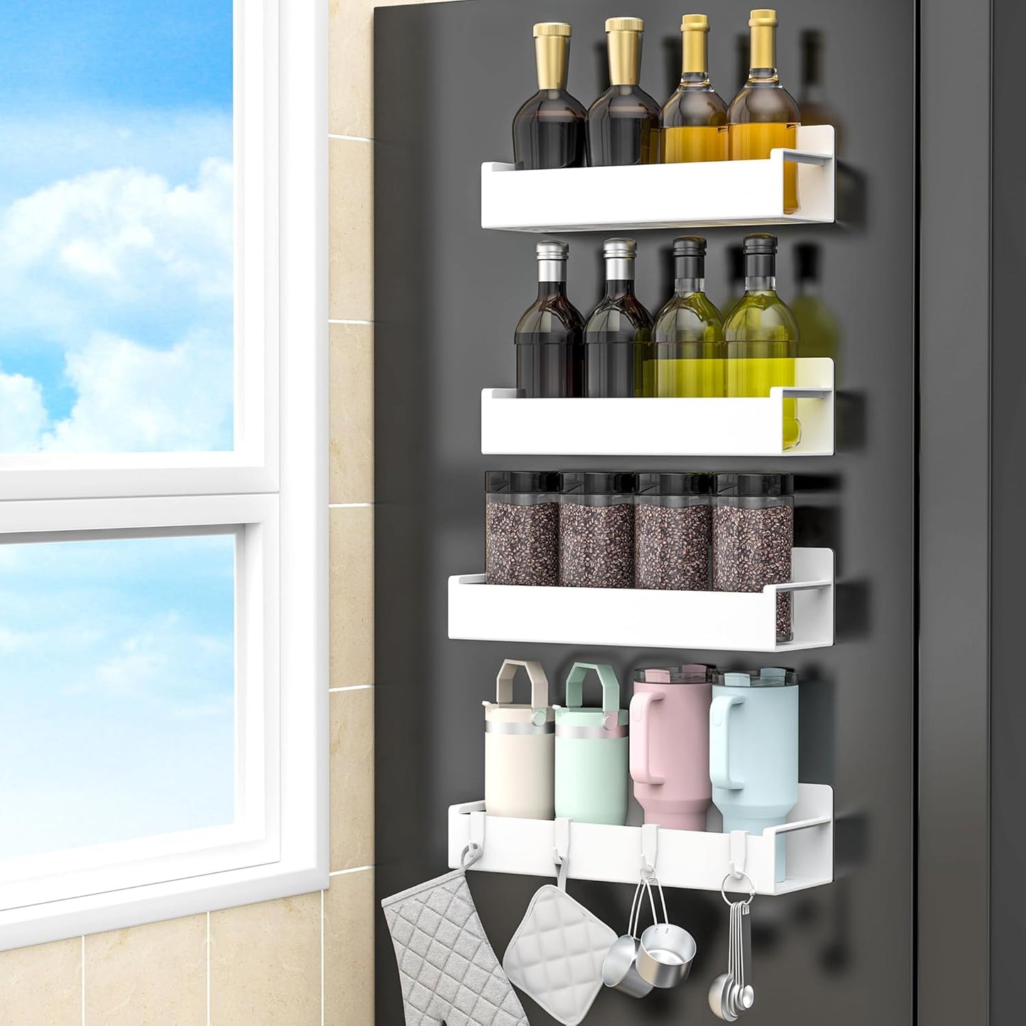 Magnetic fridge spice rack in matte black finish