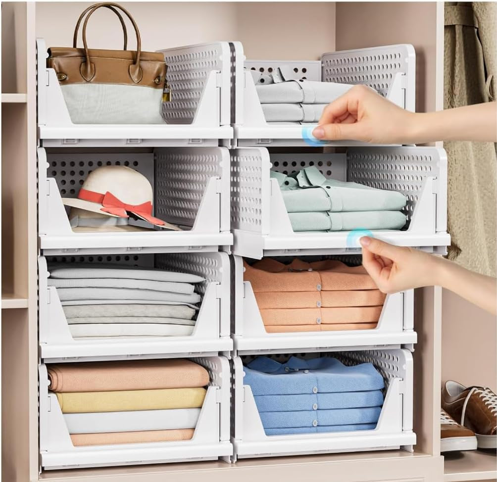 Caktraie 4 Pack Stackable Closet Storage Basket - Stackable Storage Bins, Multifunctional & Foldable Closet Organizer Divided, Wardrobe Cupboard Space-Saving Clothes Storage Hat Organizer, White