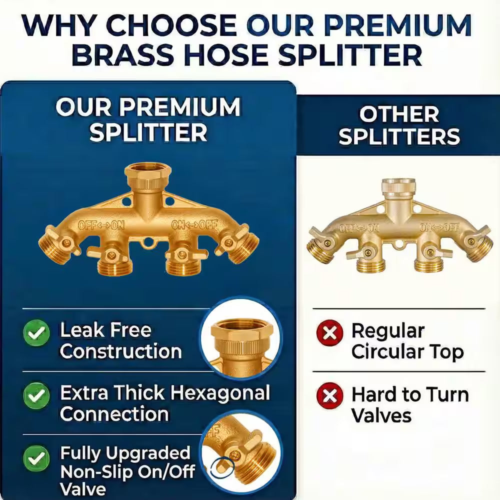 Brass Garden Hose Splitter, Heavy-Duty 4-Way Hose Connector Fitting
