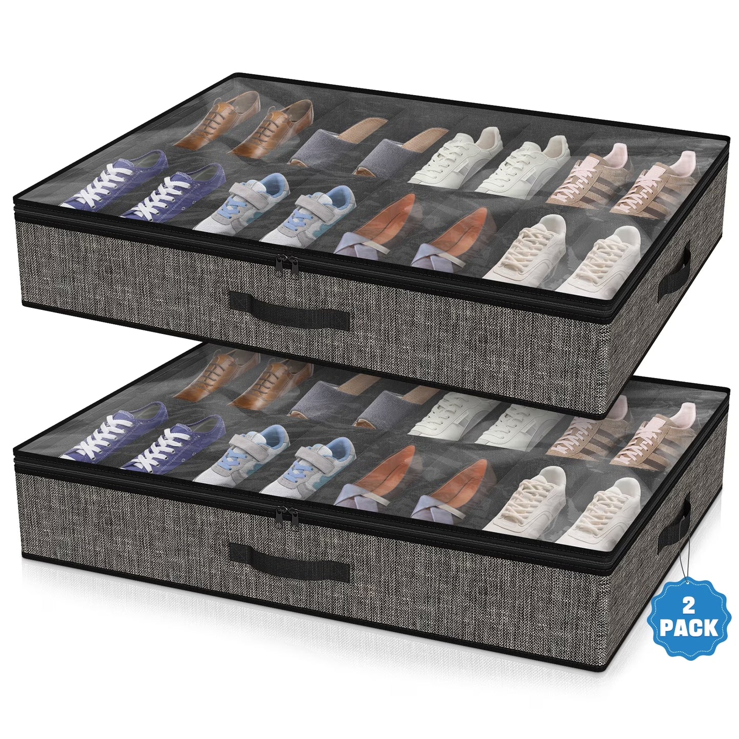 Acerichfad under Bed Shoe Storage Organizer, 2 Pack 32 Pairs Foldable under Bed Shoe Storage Organizer, Black