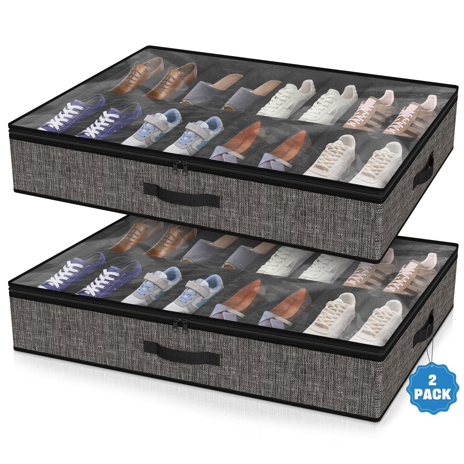 Acerichfad under Bed Shoe Storage Organizer, 2 Pack 32 Pairs Foldable under Bed Shoe Storage Organizer, Black