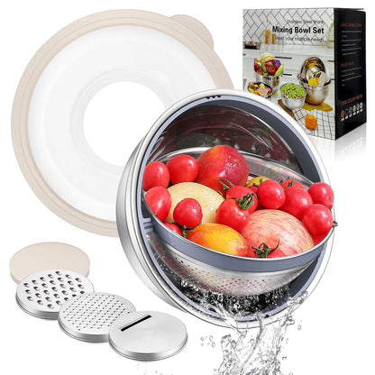 Vesteel Mixing Bowls with Lids Set of 7, Stainless Steel Nesting Bowls with Colander and 3 Graters for Draining Prepping Slicing, Nonslip Bottoms & Airtight Lid, Size 4.6, 2.6, 1.5 Qt, Blue