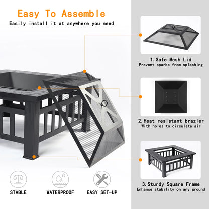 Fire Pits for Outside, 32" Wood Burning Fire Pit Tables with Screen Lid, Poker, BBQ Net, Food Clip and Cover, Backyard Patio Garden Outdoor Fire Pit/Bbq Fire Pit, Black