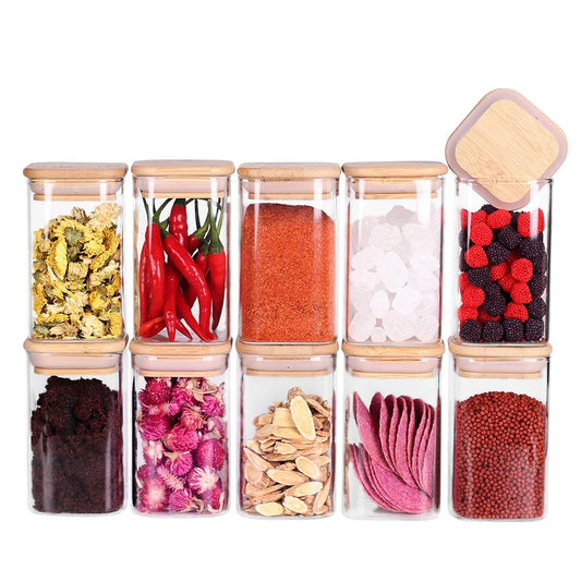 Set of 10 Premium 8Oz Clear Glass Spice Jars with Bamboo Airtight Lids and Labels - Stylish Square Food Storage Canisters