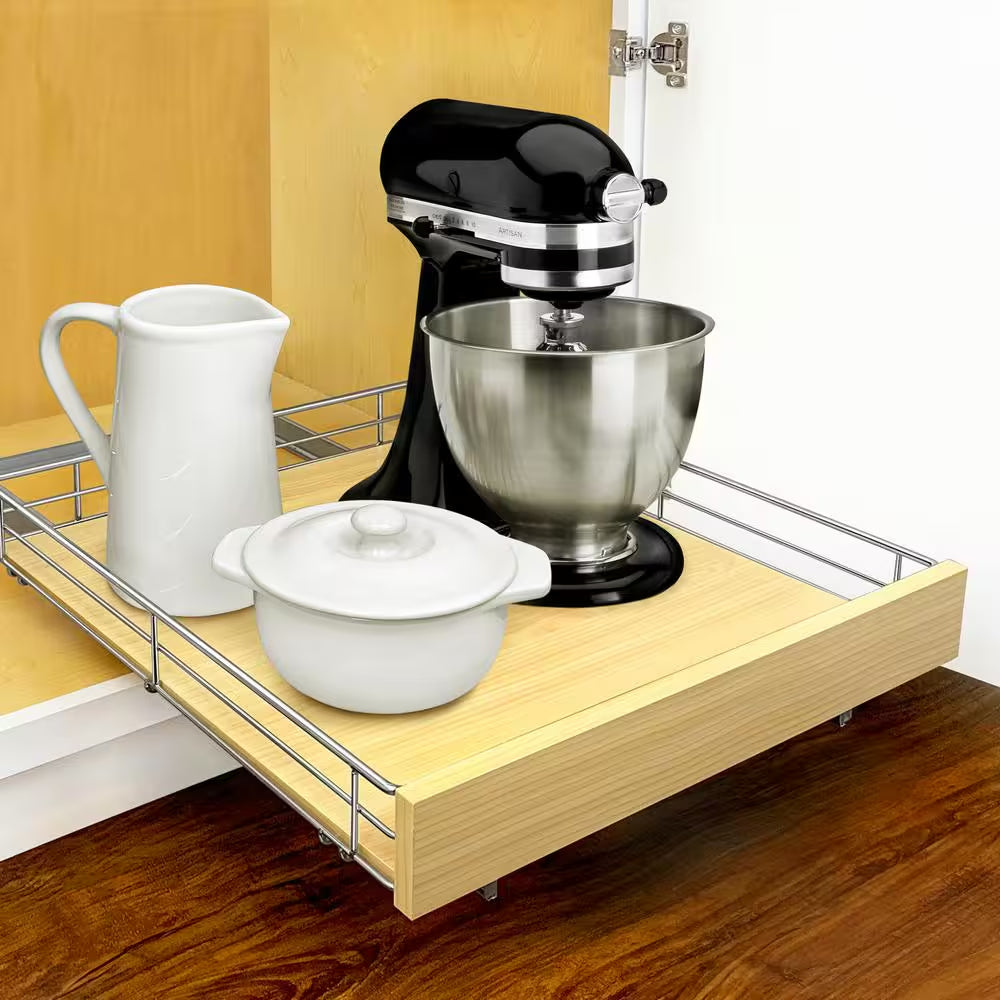 Slide Out Wood Cabinet Organizer - Pull Out under Cabinet Sliding Shelf - 20 In. X 21 In. - Wood and Chrome