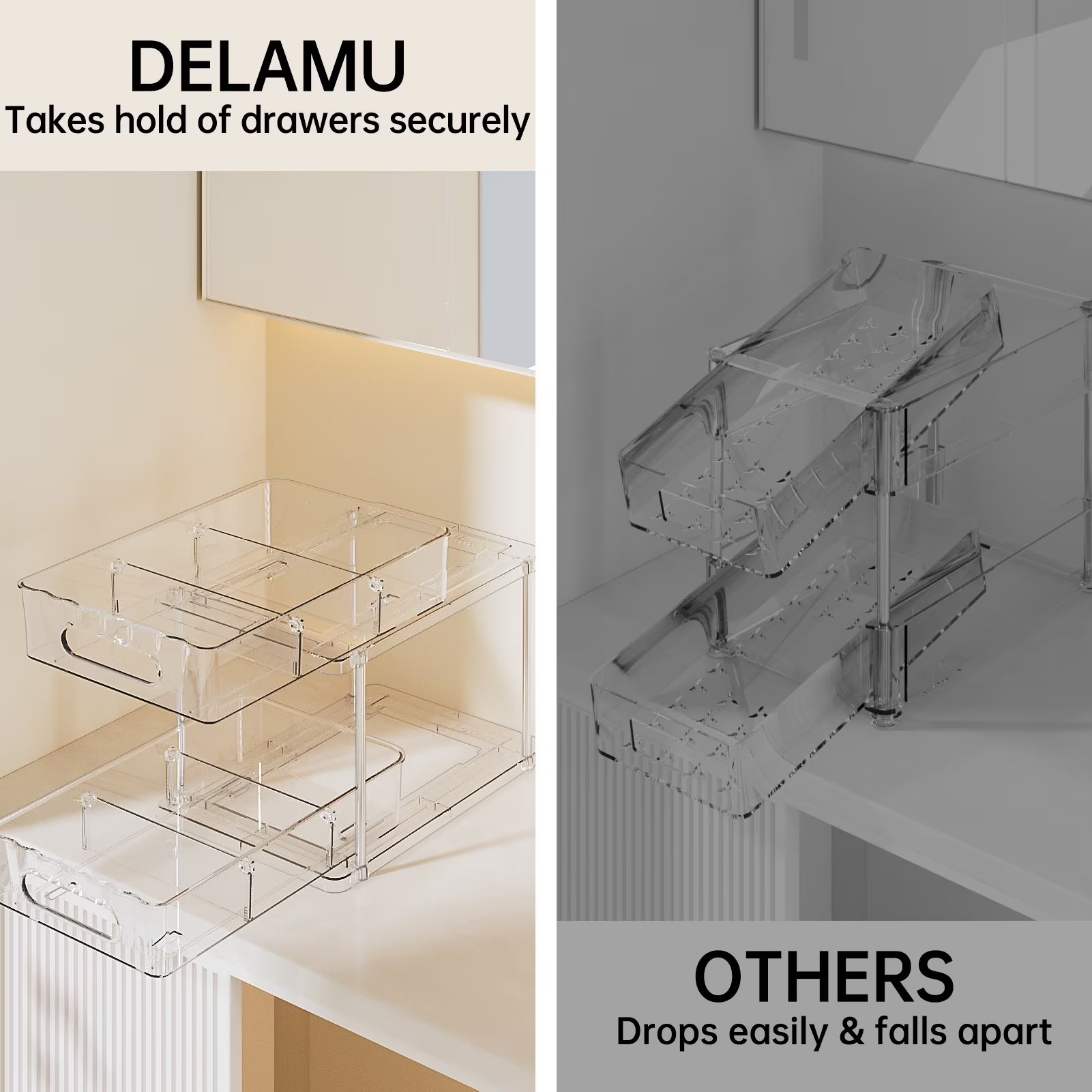2 Tier Bathroom Storage Organizer, Delamu 2 Pack Clear under Sink Organizers Vanity Countertop Storage, Sliding Cabinet Organizer, Pull-Out Organization for Pantry, Kitchen