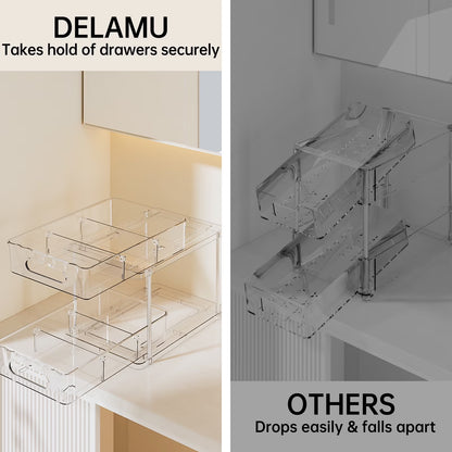 2 Tier Bathroom Storage Organizer, Delamu 2 Pack Clear under Sink Organizers Vanity Countertop Storage, Sliding Cabinet Organizer, Pull-Out Organization for Pantry, Kitchen