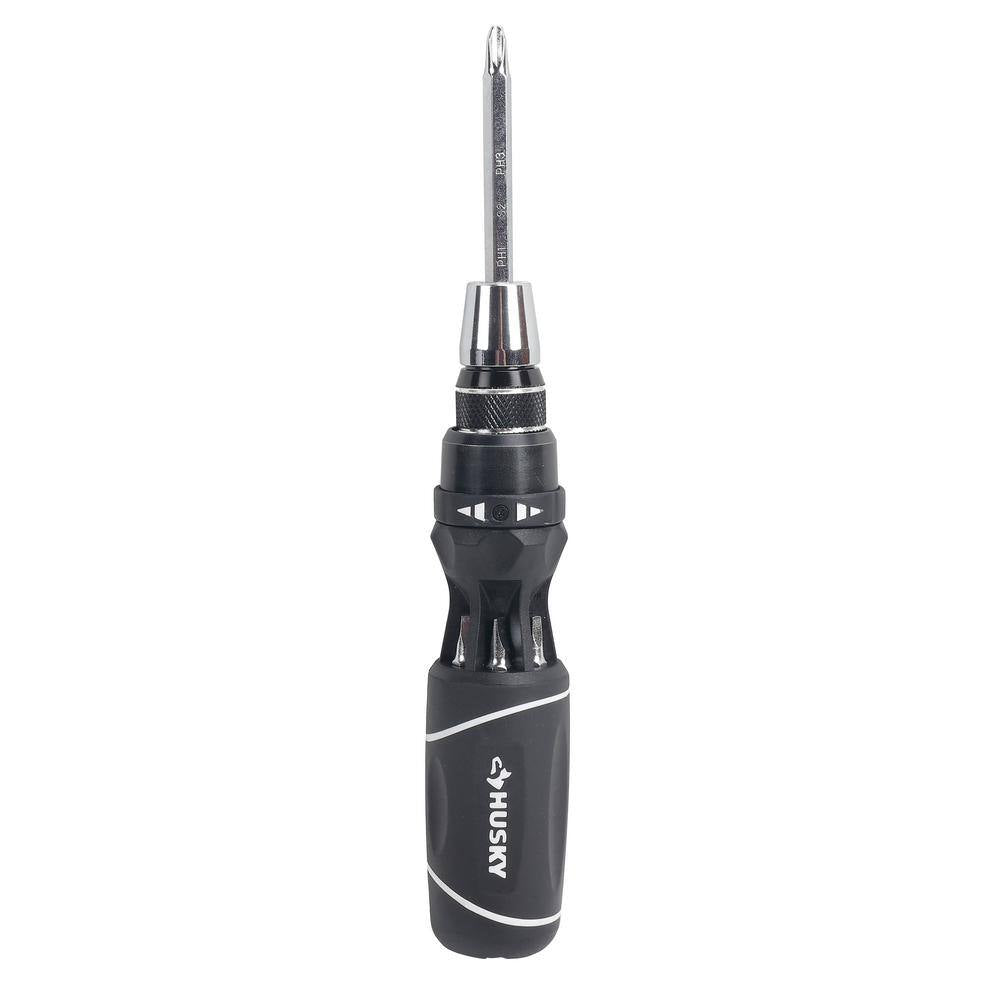 12-In-1 Quick-Load Ratcheting Screwdriver with 6 Driver Blades in Handle