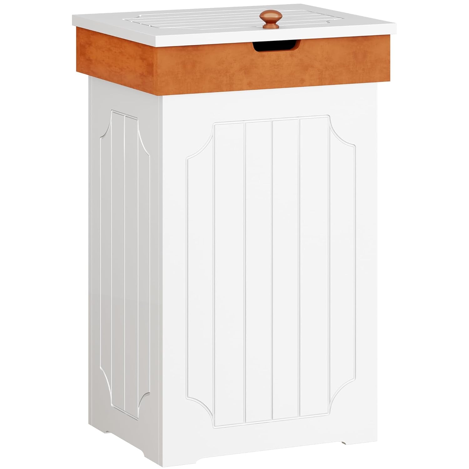 Farmhouse trash can cabinet, front view with lid closed