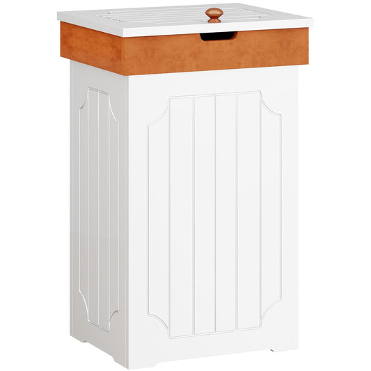 Farmhouse trash can cabinet, front view with lid closed