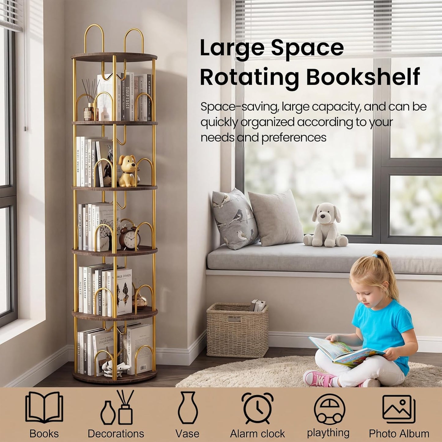 5 Tier Rotating Bookshelf, 360° Spinning Bookshelf Tower, Narrow Corner Book Shelf, Revolving Bookcase Corner Tall Book Shelf for Small Spaces, Bedroom, Living Room, Gold