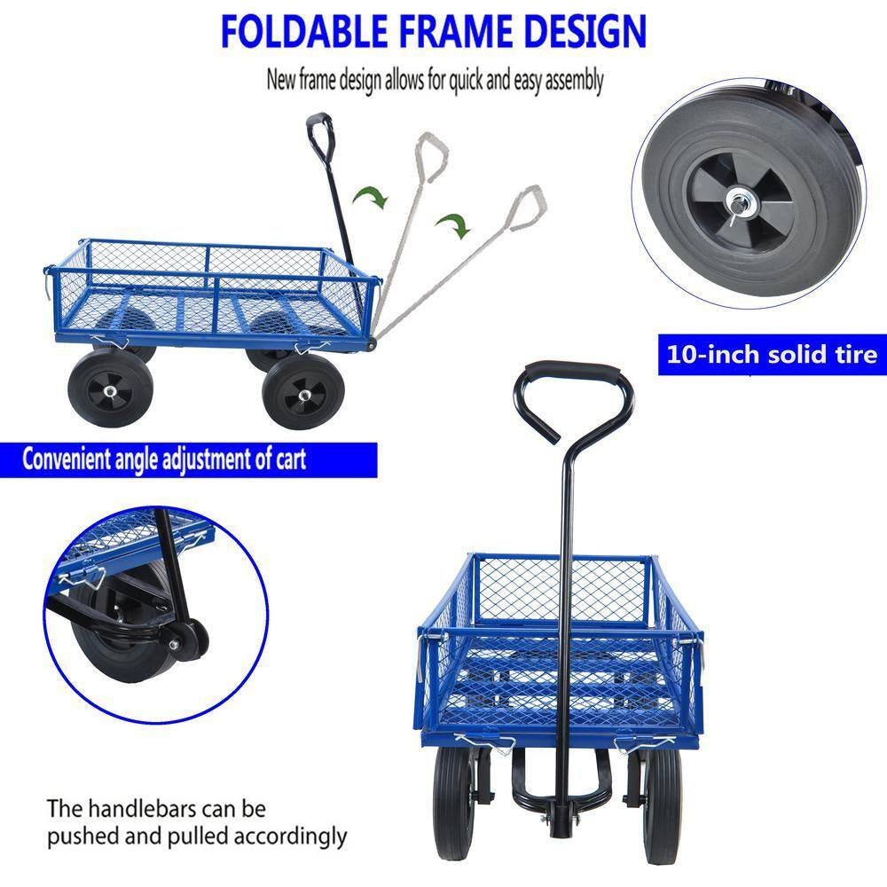 Metal Wagon Cart with 10" Pneumatic Tire and Handle, Utility Dump Outdoor Serving Cart for Lawn Garden Farm in Blue
