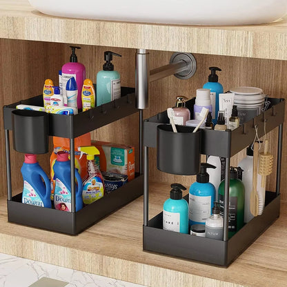 2 Tier under Sink Sliding Storage Basket Multifunctional Organizer Rack with Hooks Hanging Cup Space-Saving for Bathroom Kitchen