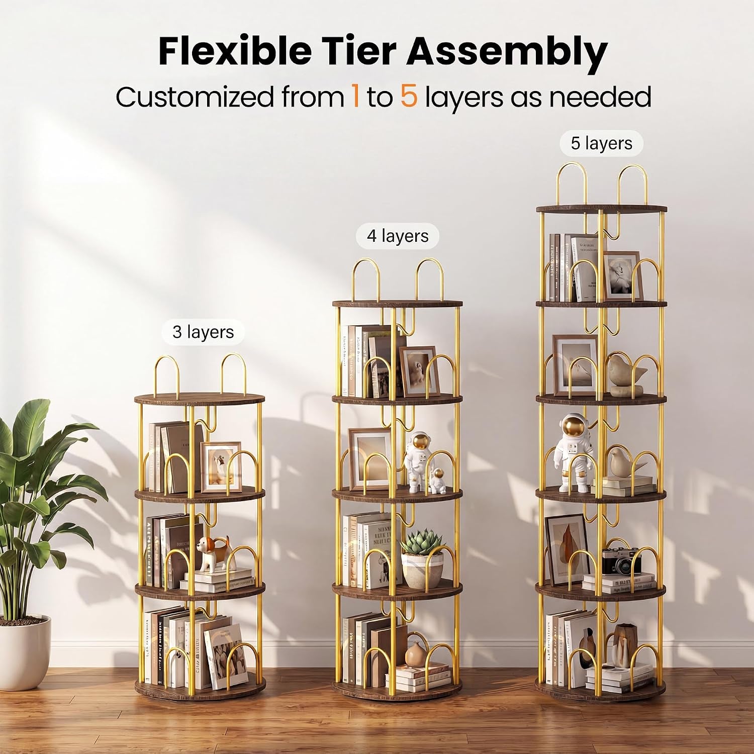 5 Tier Rotating Bookshelf, 360° Spinning Bookshelf Tower, Narrow Corner Book Shelf, Revolving Bookcase Corner Tall Book Shelf for Small Spaces, Bedroom, Living Room, Gold