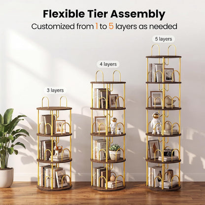 5 Tier Rotating Bookshelf, 360° Spinning Bookshelf Tower, Narrow Corner Book Shelf, Revolving Bookcase Corner Tall Book Shelf for Small Spaces, Bedroom, Living Room, Gold