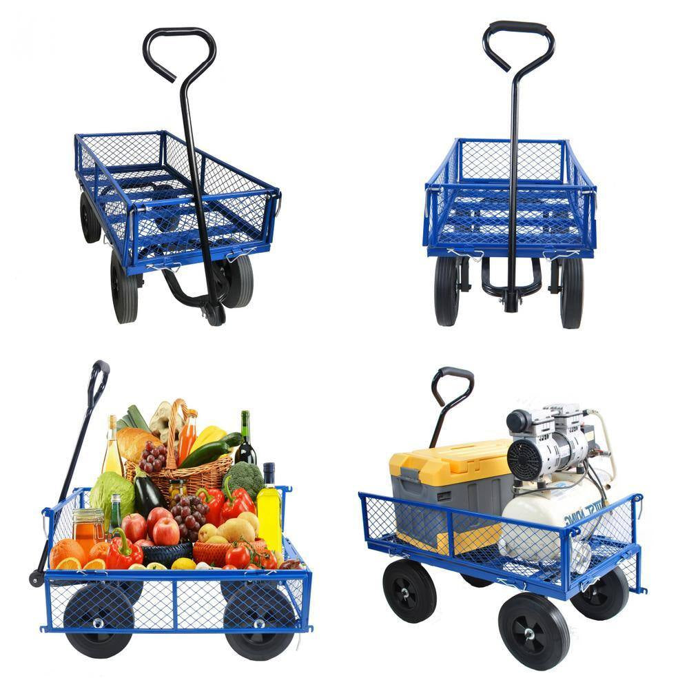 Metal Wagon Cart with 10" Pneumatic Tire and Handle, Utility Dump Outdoor Serving Cart for Lawn Garden Farm in Blue
