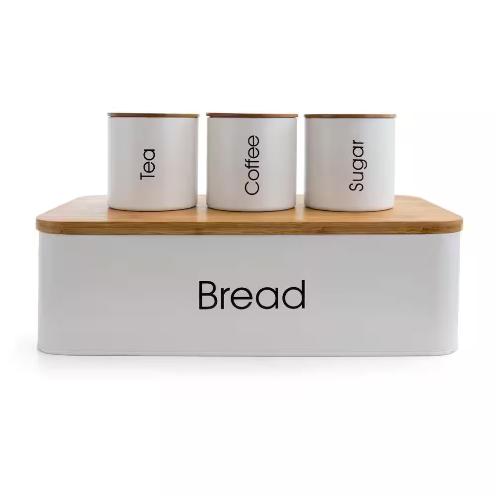 4-Piece Metal Canister Set and Bread Box with Bamboo Cutting Board Lid in Gray