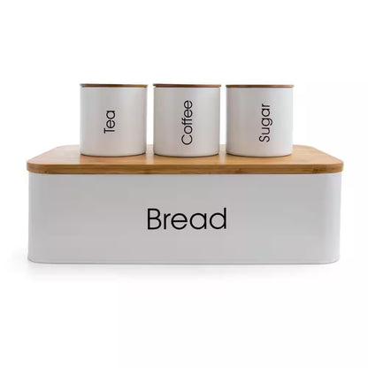 4-Piece Metal Canister Set and Bread Box with Bamboo Cutting Board Lid in Gray