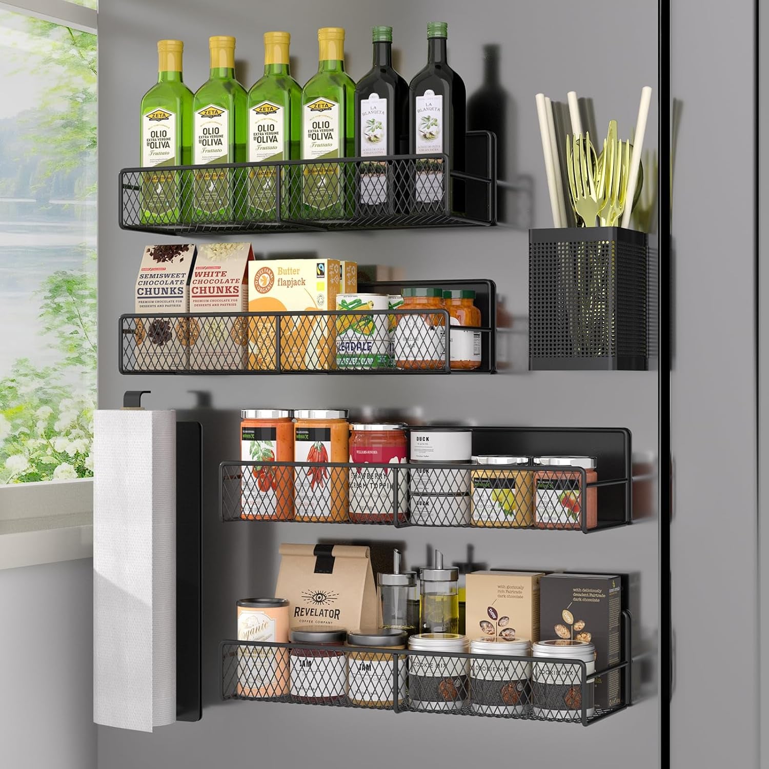 Magnetic spice rack shelf set, full 6-pack system