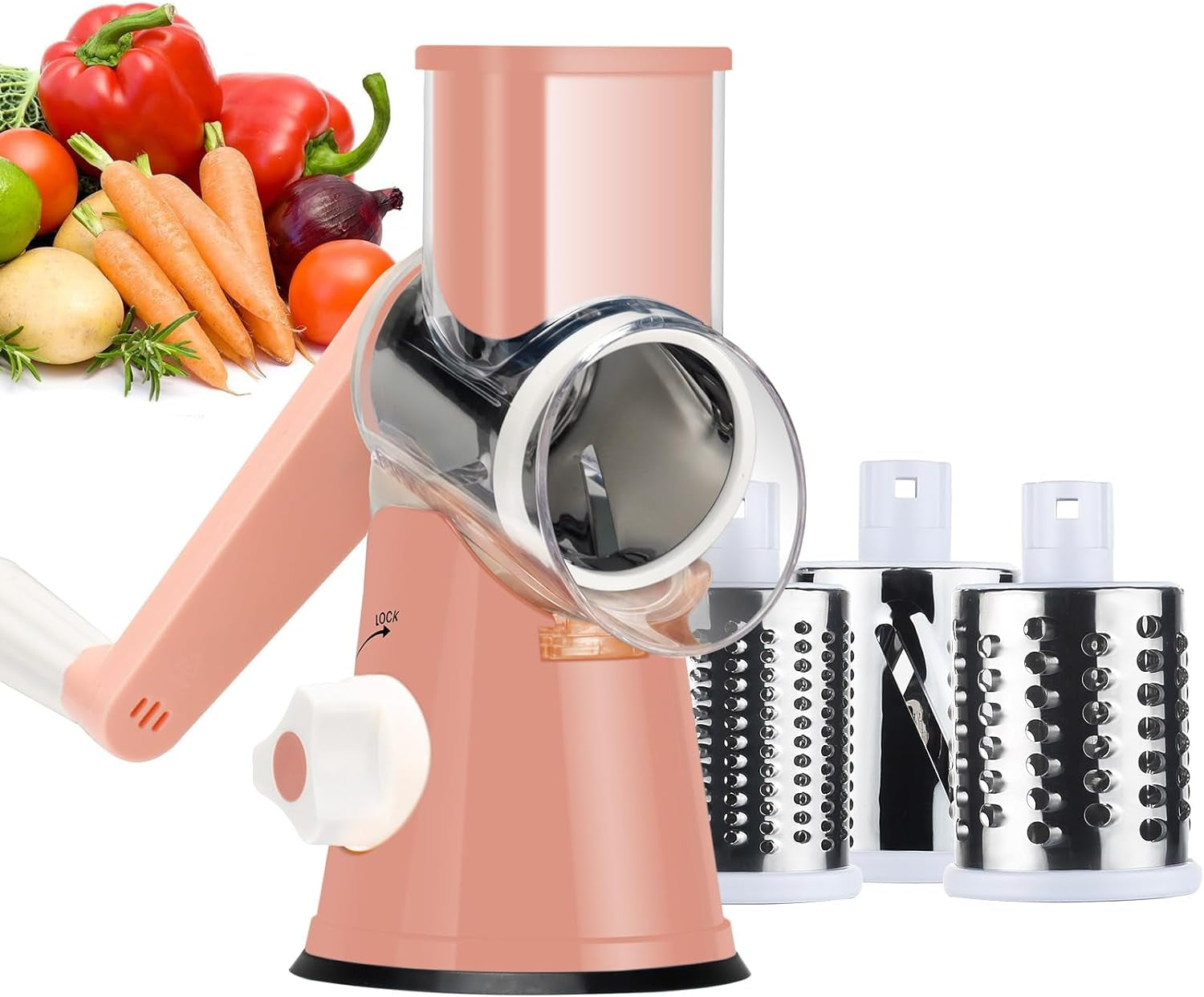 Ourokhome Rotary Cheese Grater Hand Crank, Kitchen Shredder Speed Mandolin Slicer Nut Grinder with Handle and Drum Blades for Cheese, Vegetable, Walnut, Chocolate, Potato, Carrot, 3 Blades, Green