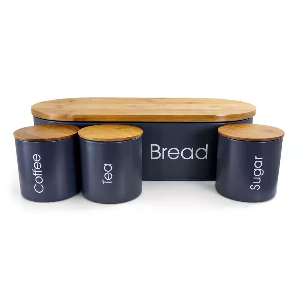 4-Piece Metal Canister Set and Bread Box with Bamboo Cutting Board Lid in Gray