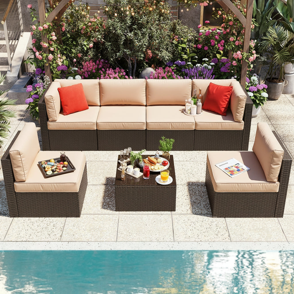 5 Pieces Outdoor Sectional Furniture, All-Weather Rattan Patio Furniture Set, Wicker Patio Sectional Couch with Cushion, Glass Table, Navy Blue