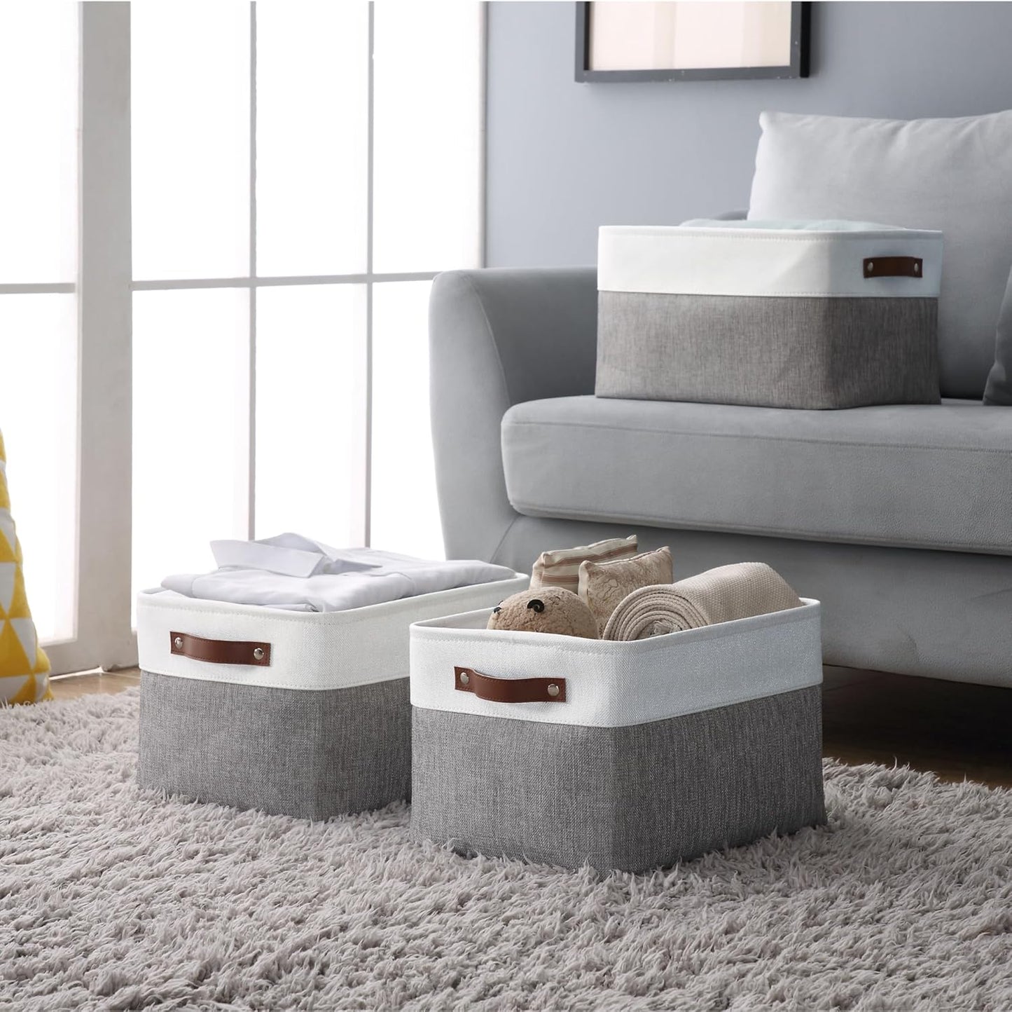 DECOMOMO Storage Bins, Large Fabric Storage Baskets for Shelves, Decorative Linen Closet Organizer, 15 X 11 X 9.5 Inches (Grey & White, 4 Pack)