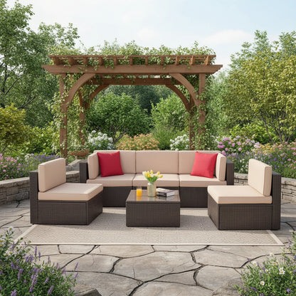 5 Pieces Outdoor Sectional Furniture, All-Weather Rattan Patio Furniture Set, Wicker Patio Sectional Couch with Cushion, Glass Table, Navy Blue
