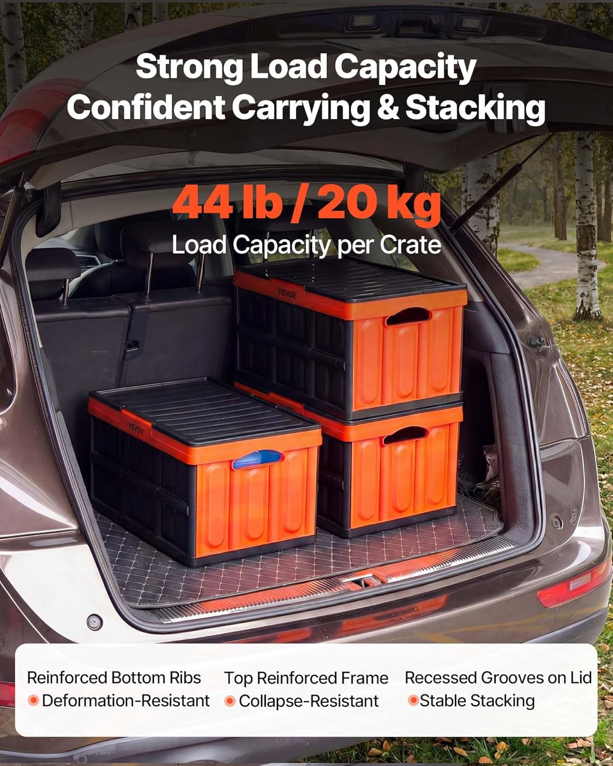 VEVOR Plastic Collapsible Storage Bins with Lids, 45L 3Packs, Stackable Folding Storage Crates with Handles, Holds 44 Lbs per Bin, Heavy Duty Containers, Space-Saving Baskets, for Home Organizing