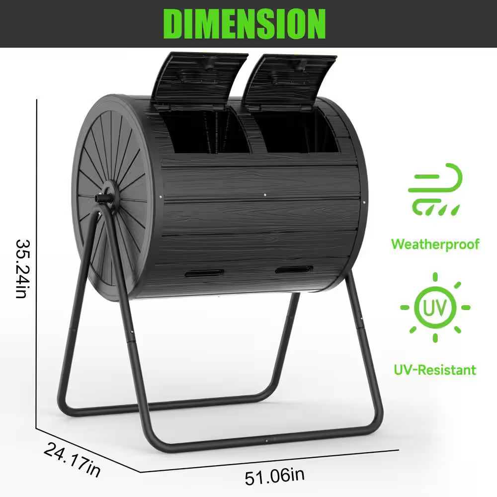 Compost Bin 37.5 Gal. Ual Chamber Composting Tumbler Large Tumbling Composter with 2 Doors and Frame