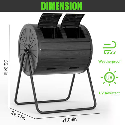 Compost Bin 37.5 Gal. Ual Chamber Composting Tumbler Large Tumbling Composter with 2 Doors and Frame