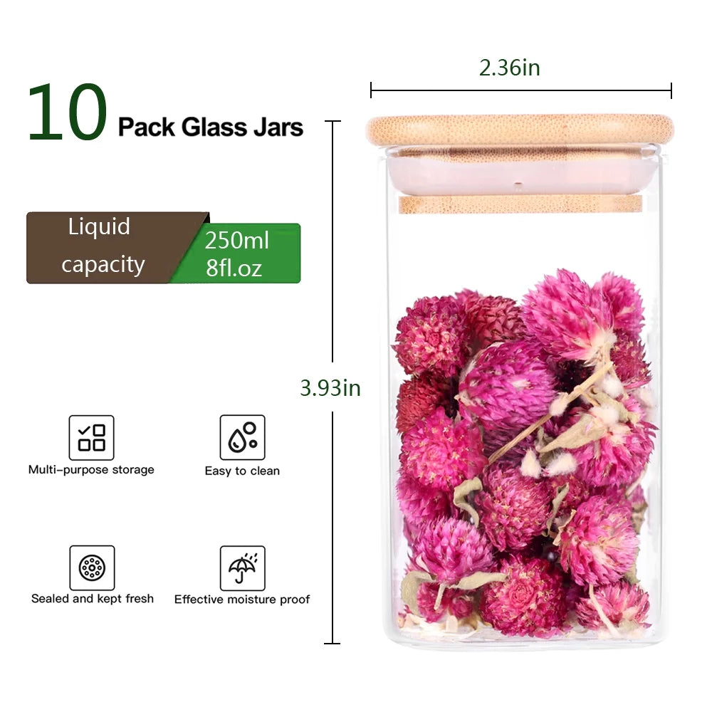 Set of 10 Premium 8Oz Clear Glass Spice Jars with Bamboo Airtight Lids and Labels - Stylish Square Food Storage Canisters