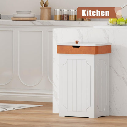 Farmhouse trash can cabinet, lid open showing trash bag placement