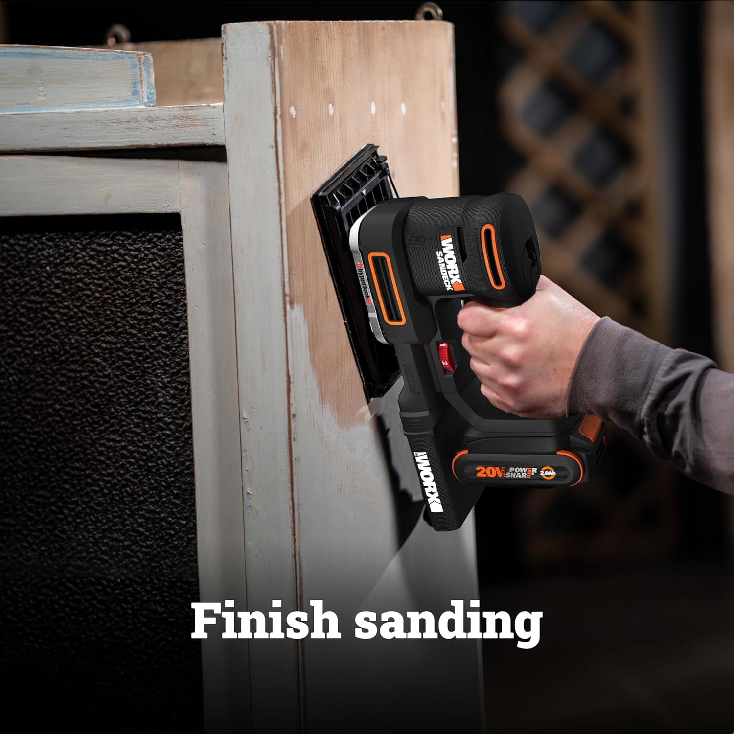 WORX Cordless Sander, 20V 10,000 Orbits/Minute Electric Sander, 5-In-1 Functions, Tool-Less Sanding Pad Change, Tool Only, Powershare