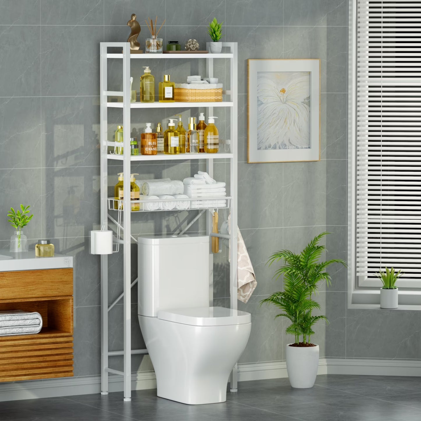 Capri 4-Tier Over-The-Toilet Storage Shelf, Bathroom Organizer Shelf over Toilet, Freestanding Space Saver Rack with Adjustable Shelf and Basket, Rustic Brown
