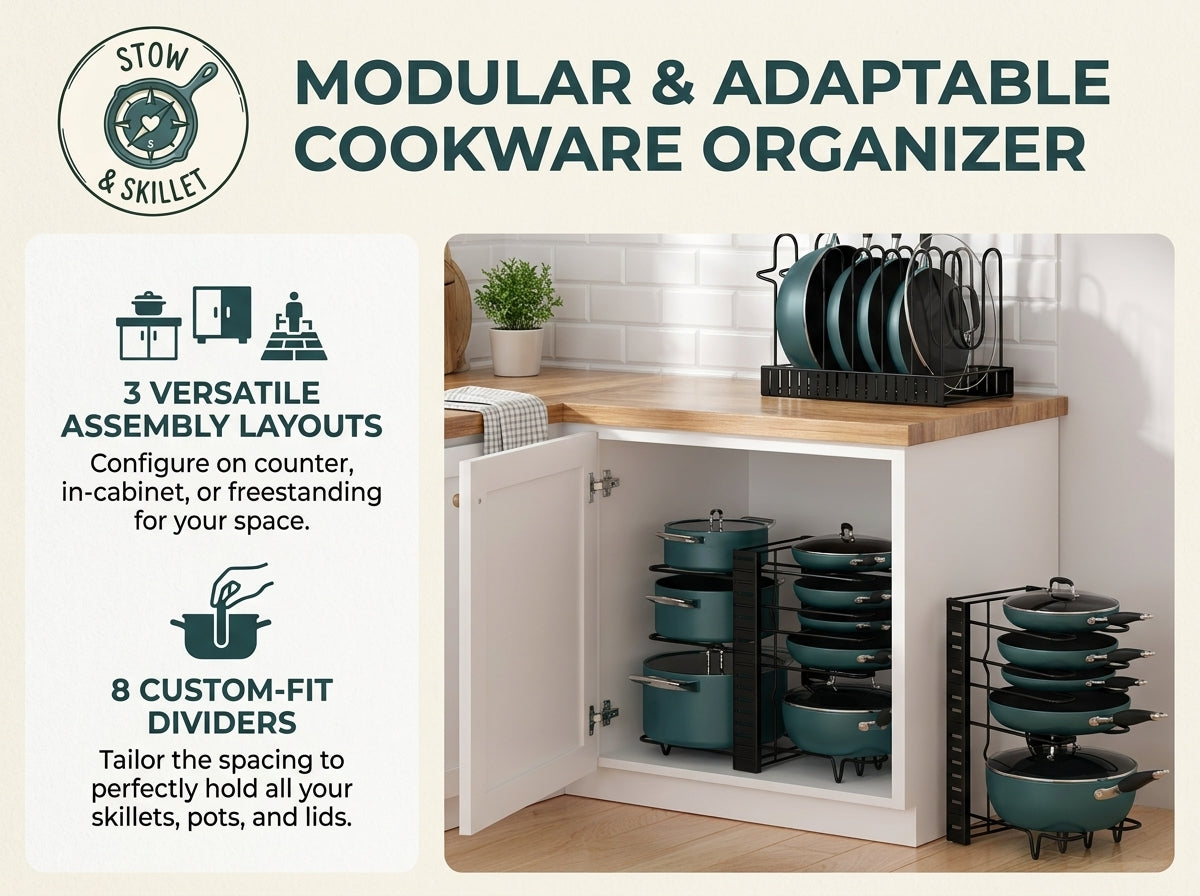 Promotional graphic for a modular and adaptable cookware organizer, showing teal pots, lids, and skillets arranged inside a white kitchen cabinet with a wood countertop. Text on the left explains the three versatile assembly layouts and eight custom-fit dividers, with a Stow & Skillet logo at the top left.