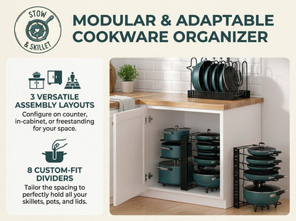 Promotional graphic for a modular and adaptable cookware organizer, showing teal pots, lids, and skillets arranged inside a white kitchen cabinet with a wood countertop. Text on the left explains the three versatile assembly layouts and eight custom-fit dividers, with a Stow & Skillet logo at the top left.