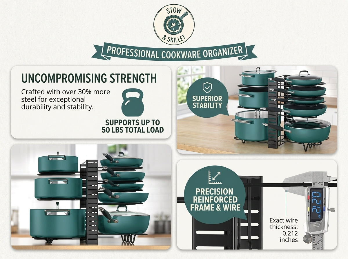 A promotional infographic for a professional cookware organizer, showing teal pots and pans stacked on a black metal rack in a kitchen setting. The graphic includes text callouts about strength, stability, and wire thickness, along with the Stow & Skillet logo at the top.