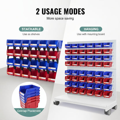 Stackable and hanging storage bins with usage modes on a white background