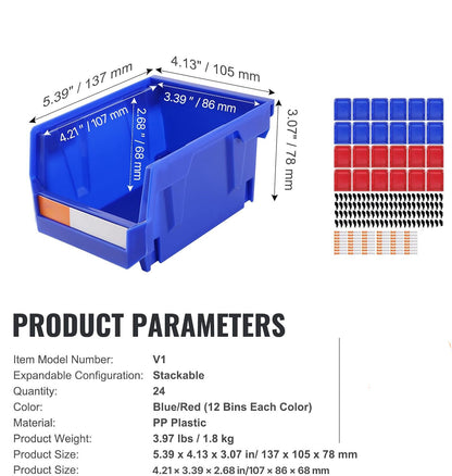 Blue storage bin with dimensions and product parameters displayed.