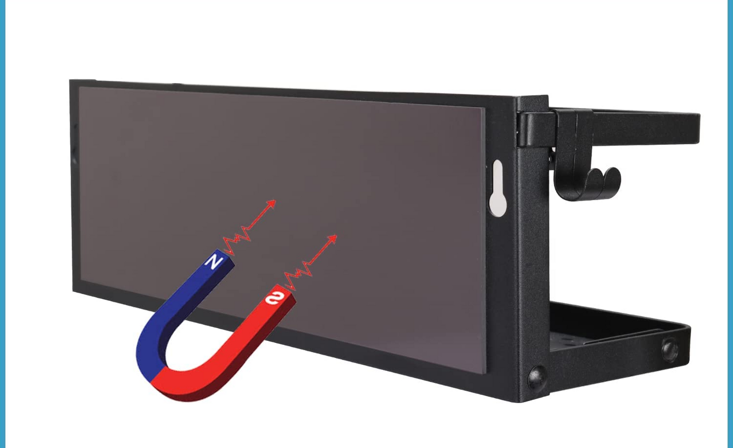 Black magnetic shelf with a super-strong magnet on a blue and white background