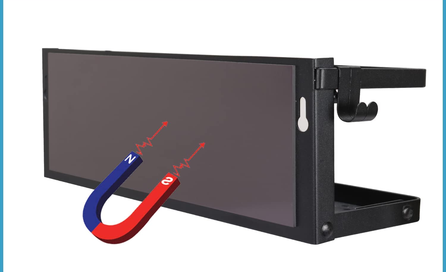 Black magnetic shelf with a super-strong magnet on a blue and white background