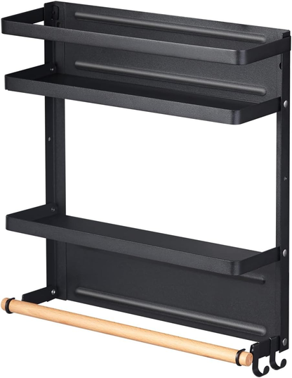 Black metal wall-mounted shelf with a wooden rod on a white background