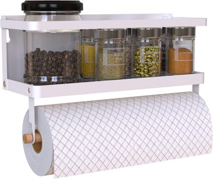 Spice rack with jars and paper towel holder on a white background