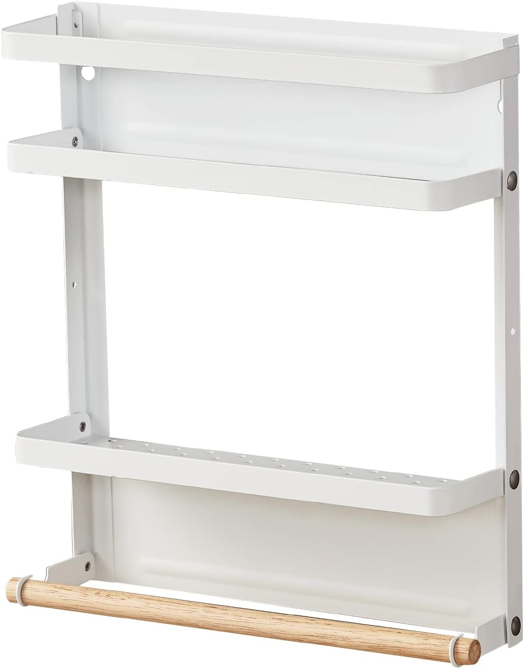 White wall-mounted shelf with a wooden handle on a white background